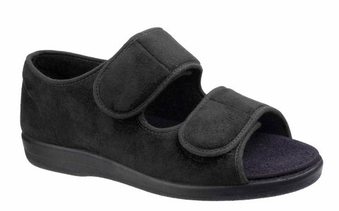 GBS Brompton Womens Extra Wide Fit Open Toe Touch Fastening Slipper Black